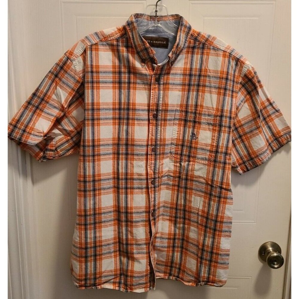 Bit & Bridle Mens Short Sleeve Button Down Shirt Orange/White Cotton Size L‎